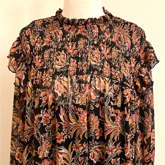 Ophelia Roe Black Red Green Floral Smocked Balloon Sleeve Ruffled Hem Top SZ 3X - Picture 2 of 15